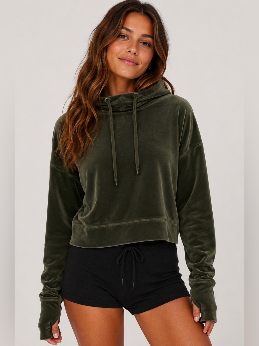 Aerie offline after party velour olive green thumbholes hoodie boxy fit